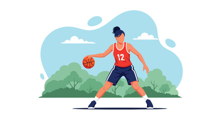 Flat style illustration of a woman playing basketball outdoors, dribbling the ball with focus and energy, representing fitness, determination, and an active lifestyle