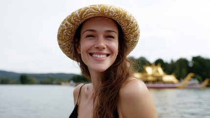 ```A smiling Caucasian woman in a sun hat, exuding joy by a lake, evokes the essence of World Smile Day```