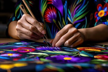 Vibrant hands bring colorful embroidery to life in a cozy crafting space during the afternoon