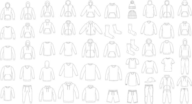 Vector art of collection of clothing line drawings and sketches, showcasing various apparel items like hoodies, sweaters, tshirts, socks, and pants