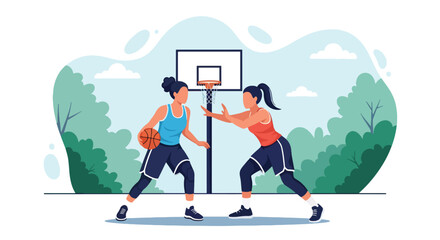Flat style illustration of two women playing basketball outdoors, showing energy, focus, and teamwork during an intense game on a sunny day at the sports court