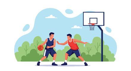Flat style illustration of two men playing basketball outdoors, showing teamwork, competition, and fitness on a sunny day in a park or sports court setting