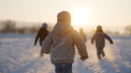 Children bundled in cozy layers race through powdery snow under a wintry sun, evoking Solstice celebrations and Snow Day revels