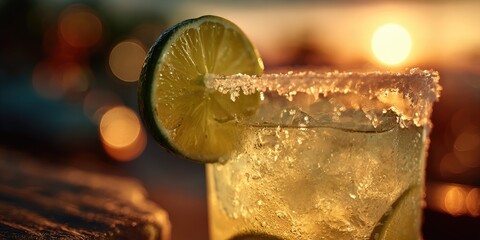 A vibrant cocktail with a lime garnish and salted rim, illuminated by a warm sunset