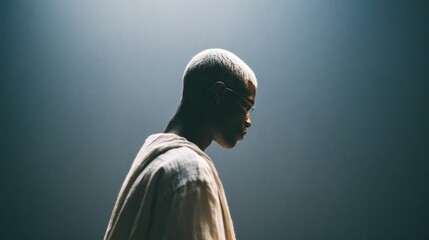 Silent contemplation envelops an introspective African male, bathed in ethereal light, evoking reflections on Kwanzaa and soulful renewal