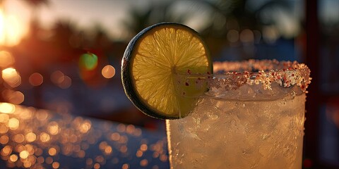Close-up of refreshing cocktail with a lime wheel and a sugar-salt rim at sunset
