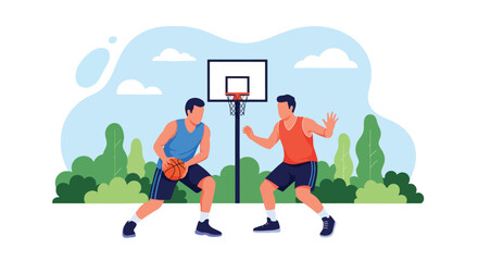 Flat style illustration of two men playing basketball outdoors, showing teamwork, competition, and fitness on a sunny day in a park or sports court setting