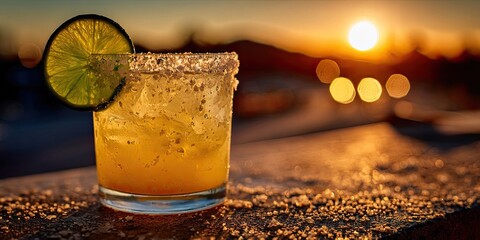 A refreshing cocktail with a lime wedge, salt rim, and ice cubes at sunset
