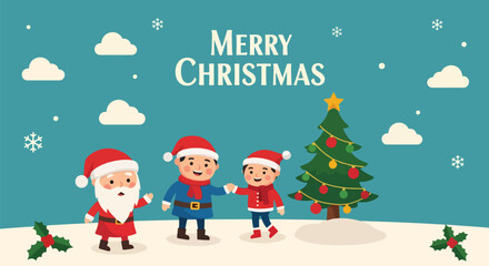 Flat style Christmas illustration with decorated trees, gifts, ornaments, and festive lights, featuring a 