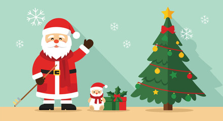 Flat style Christmas illustration with decorated trees, gifts, ornaments, and festive lights, featuring a 