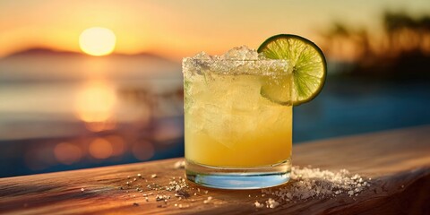 A frosted cocktail sits on a wooden surface against a blurred backdrop of an ocean sunset