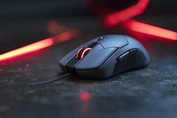 Close-up of a gray computer mouse with glowing red accents, sitting on a textured surface
