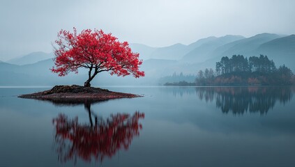 A lone tree with vibrant red leaves sits on a small island, reflected in serene water