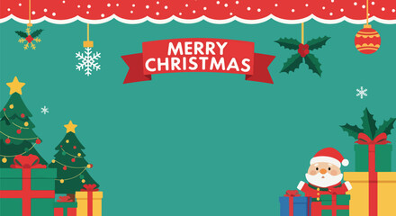 Flat style Christmas illustration with decorated trees, gifts, ornaments, and festive lights, featuring a 