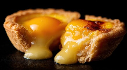 Close-up photo of two pastries with a creamy filling, one cut open with its custard oozing