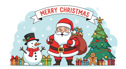 Flat style Christmas illustration with decorated trees, gifts, ornaments, and festive lights, featuring a "Merry Christmas" banner to celebrate the holiday spirit with joy and warmth