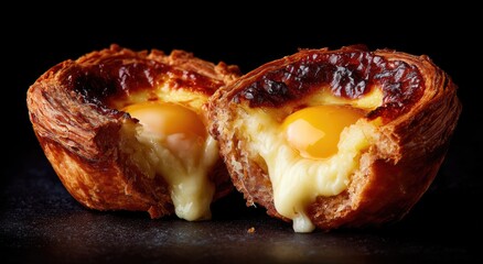 Close-up of two baked pastries, showcasing golden egg yolks and creamy custard against dark backdrop