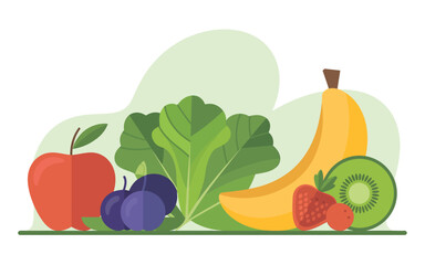 Vibrant healthy lifestyle food assortment apple banana berries greens kiwi strawberry refreshing