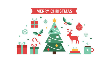 Flat style Christmas illustration with decorated trees, gifts, ornaments, and festive lights, featuring a 