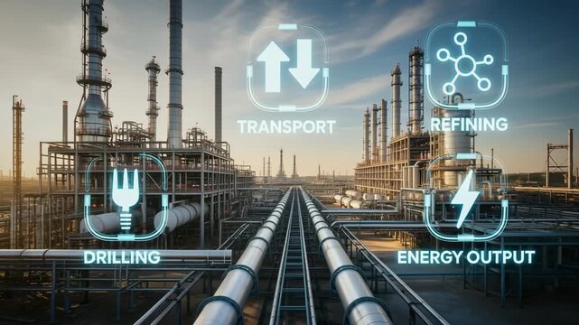 Petrochemical Plant in operation: A state-of-the-art petrochemical plant, abuzz with activity. Illustrated icons denote refining, transport, and energy output.