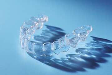 Clear, molded plastic dental retainer sits on a flat surface, casting shadows below