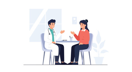 Flat style illustration of a doctor talking to a patient in a clinic, discussing mental health, wellness, and medical care, symbolizing empathy, support, and professional healthcare