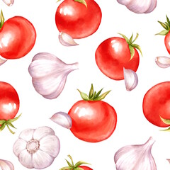Seamless pattern featuring red tomatoes and garlic bulbs with cloves scattered on white background