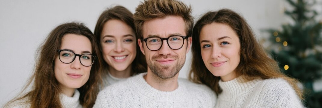 European friends in cozy sweaters exude hygge warmth, alive with Festivus cheer, crafting whimsical winter tales together