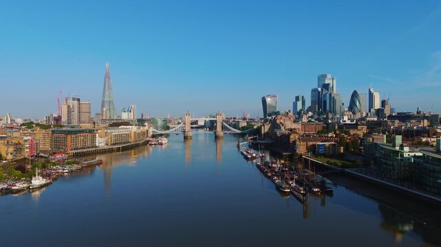 London Skyline Aerial Cityscape Flythrough Over River Thames Towards Tower Bridge