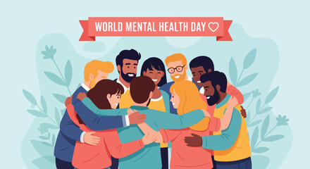 Flat illustration of diverse people embracing for World Mental Health Day, promoting unity, compassion, support, for global mental health awareness