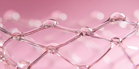 Close-up of a transparent, intricate network of linked structures against a soft, pink background