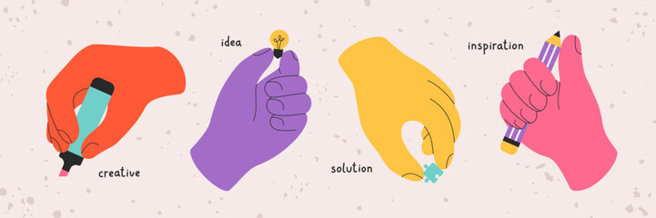 Cartoon colorful set of hands holds light bulb, puzzle, marker, pen. Concept of creative idea, brainstorm, innovative solutions, inspiration. Trendy design for infographic, poster, banner