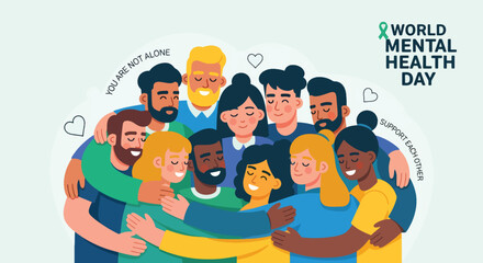 Flat illustration of diverse people embracing for World Mental Health Day, promoting unity, compassion, support, for global mental health awareness
