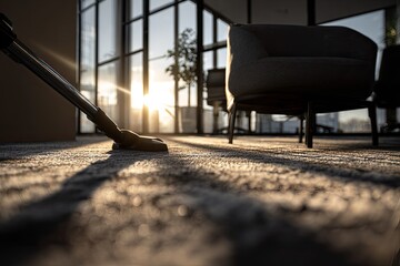 A vacuum cleaner nozzle cleans a carpeted floor in an office lit by the morning sun