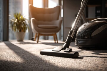 A close-up of a vacuum cleaner on a carpet with soft lighting, chair, and houseplant