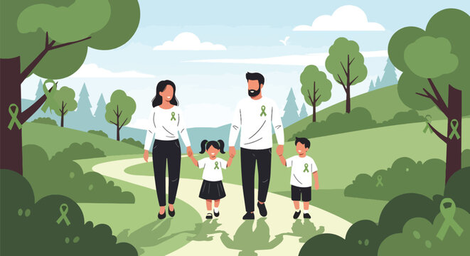 Flat style illustration of a family walking in nature wearing green awareness ribbons, symbolizing mental health support, unity, hope, and the importance of well-being and community