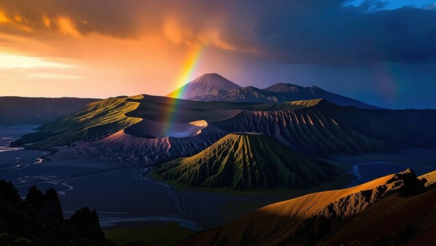 Bromo Volcano Rainbow - A Majestic Indonesian Landscape at Sunrise.