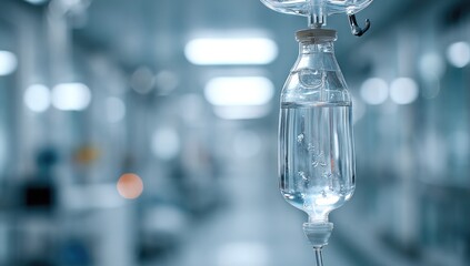 Close-up of an IV drip bag hanging in a blurred hospital corridor with bokeh effect lighting