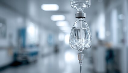 Focus on IV bag against blurred background of a hospital corridor