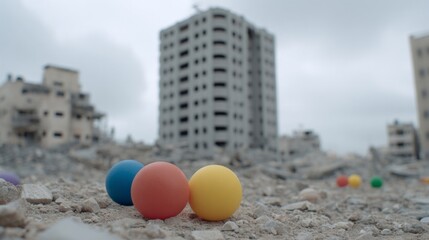 Colorful spheres rest on forgotten rubble, embodying resilience; World Urbanism Day, metaphoric patchwork renewal, unexpected whimsy in desolation