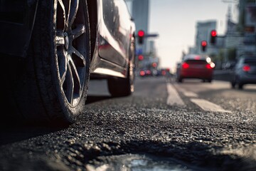 Close-up of a car's tire on a city road with blurred traffic and street lights
