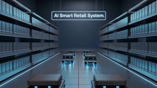 AI Smart Retail System: An inside look at a futuristic retail environment, showing smart technology that automates store operations. Showcasing the innovative design.