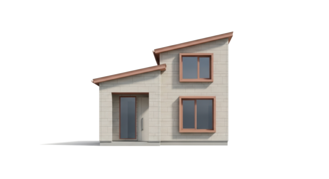Isolated modern home design with two levels, a door, and two windows for architectural visuals