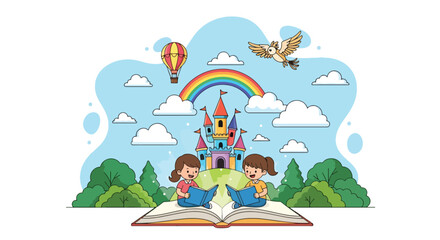 Flat style illustration of two children imagining a magical castle, rainbow, and hot air balloon emerging from an open book, symbolizing creativity, storytelling, and the power of imagination