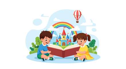Flat style illustration of two children imagining a magical castle, rainbow, and hot air balloon emerging from an open book, symbolizing creativity, storytelling, and the power of imagination