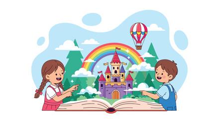 Flat style illustration of two children imagining a magical castle, rainbow, and hot air balloon emerging from an open book, symbolizing creativity, storytelling, and the power of imagination