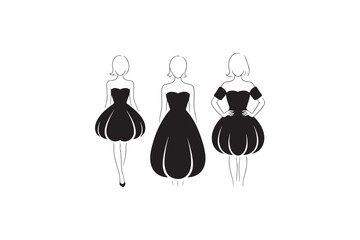 Strapless Bubble best Dress set vector silhouettes black image. .eps