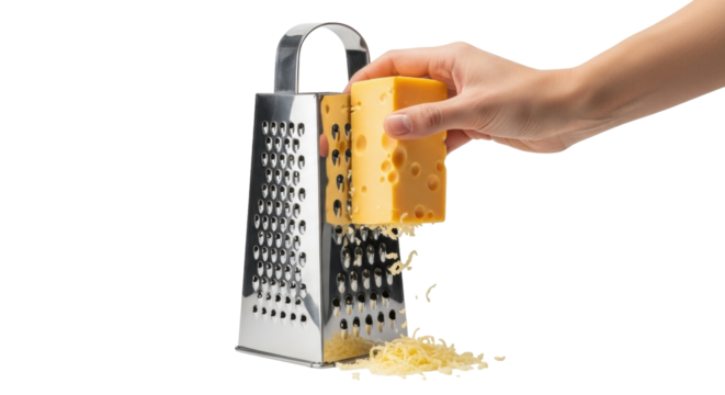 Isolated cheese being grated with hand on stainless steel box grater, preparation stage