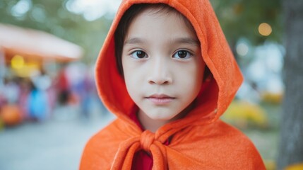 A young Asian child in a vibrant orange cloak evokes cozy autumnal tales, reminiscent of Samhain and Harvest Moon festivals