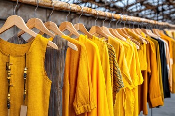 Obraz premium Bright yellow clothing hanging in a sunlit boutique showcasing vibrant fashion choices